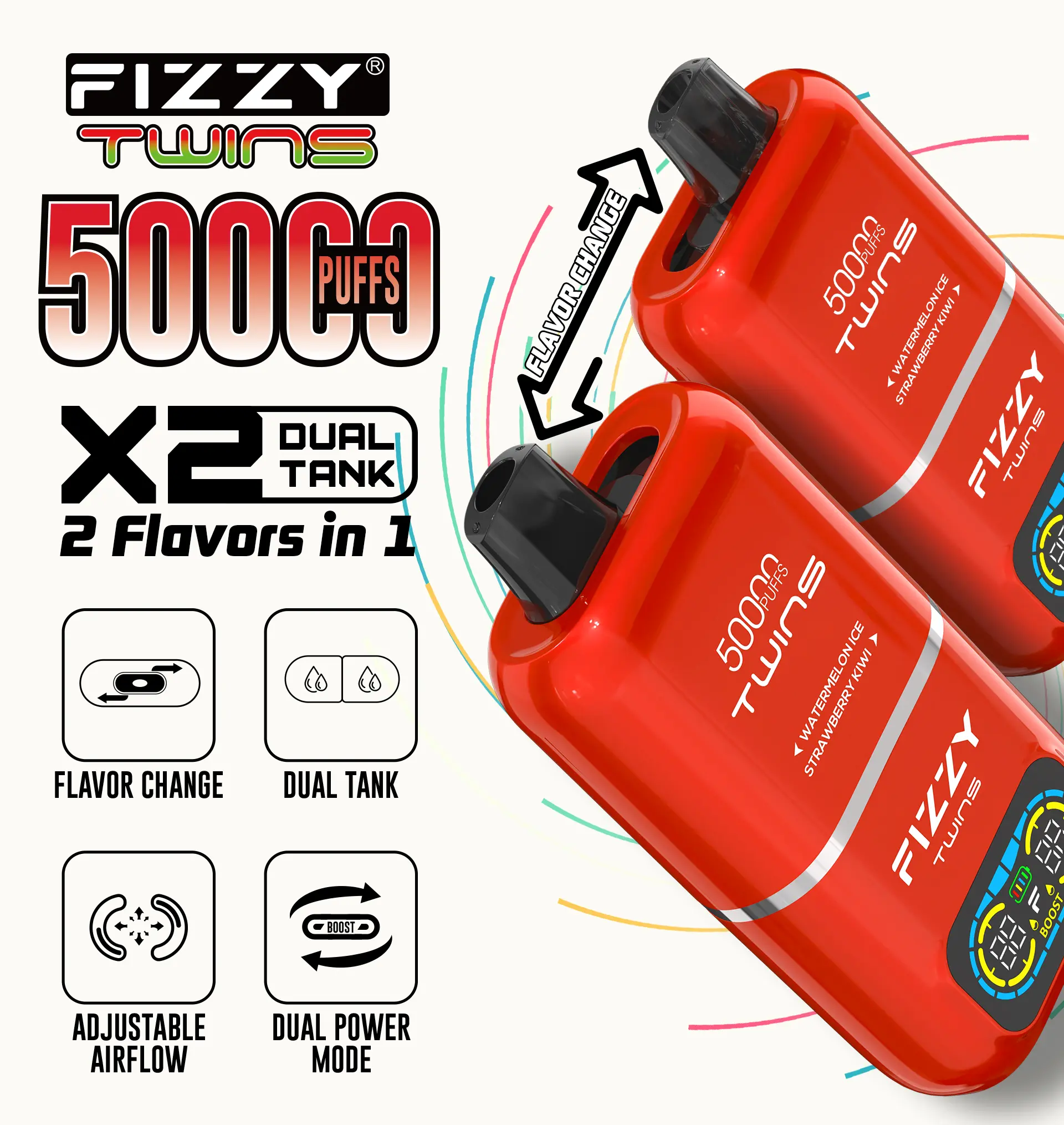 Fizzy Twins 50K 50000 Puffs 2-in-1 Dual Flavor Disposable Vape Store Mesh Coil Electric Cigarette