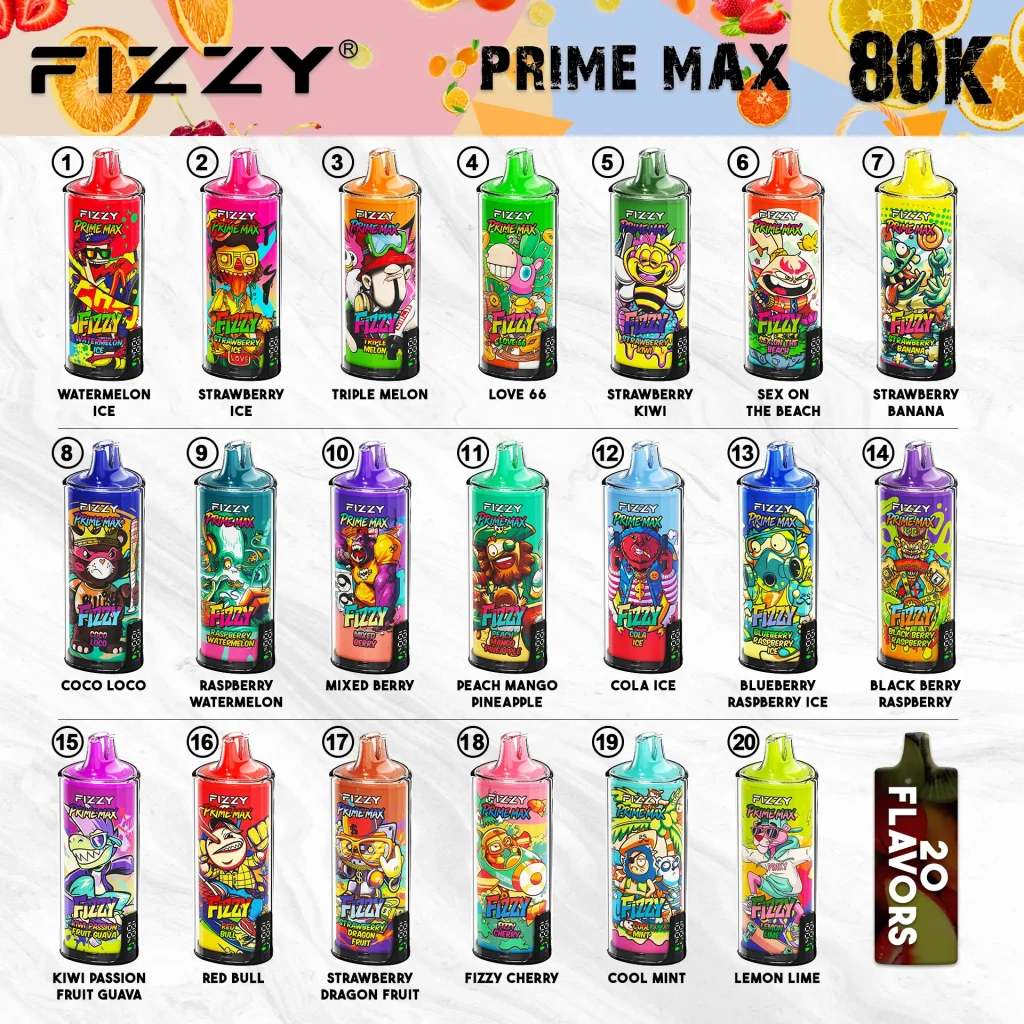 FIZZY PRIME MAX 80K flavor chart — all 20 flavor options for wholesale selection.