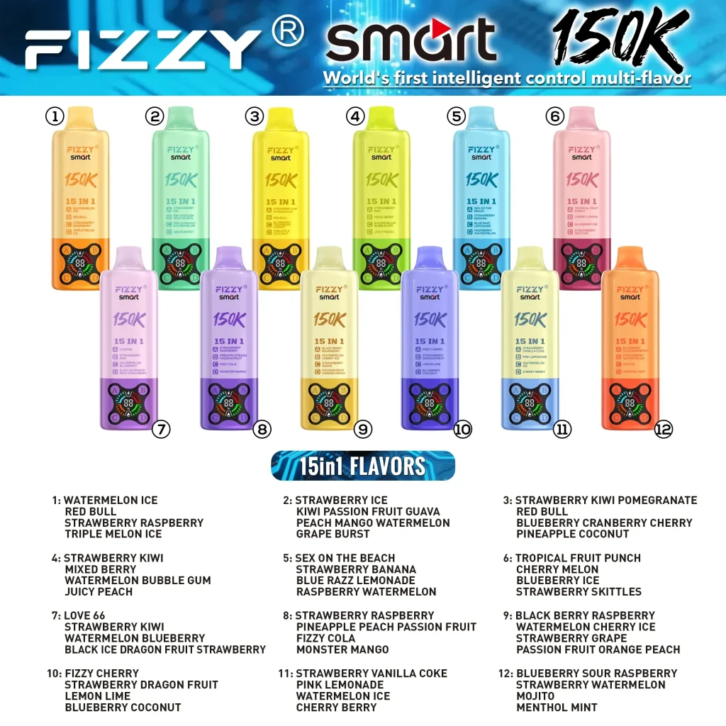 Fizzy Smart 150K 150000 Puffs 15-in-1 Flagship Disposable Vape complete flavor chart for wholesale selection.