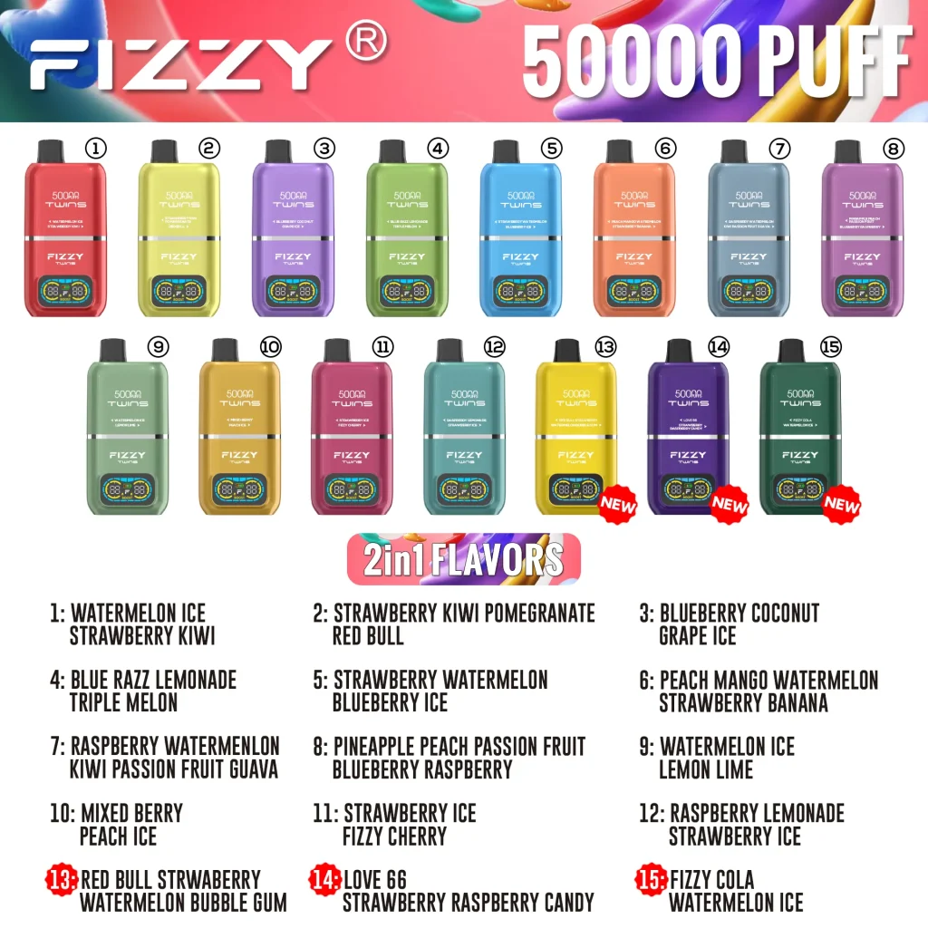 FIZZY TWINS 50K flavor list chart displaying all 15 dual-flavor combinations for European wholesale buyers.