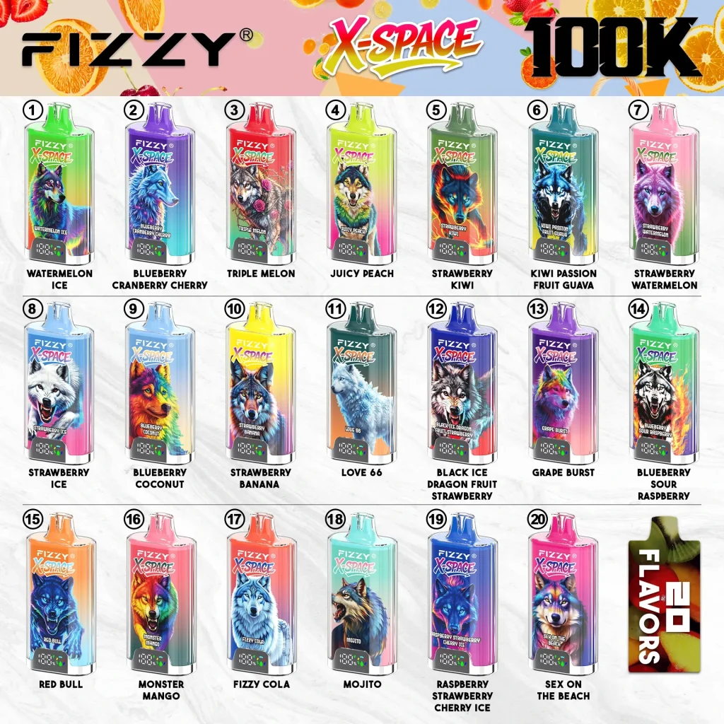 Fizzy X-Space 100K 100000 Puffs Disposable Vape complete flavor chart for wholesale selection.