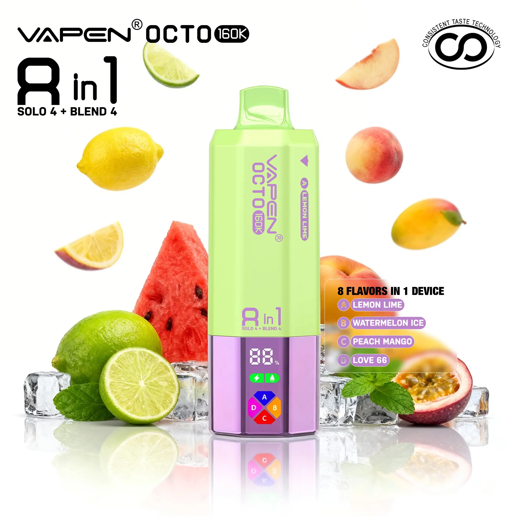 VAPEN OCTO 8IN1 160000 Puffs Disposable Vape flavor: Lemon Lime + Watermelon Ice + Peach Mango + Love 66 — single flavor product photo for wholesale ordering.