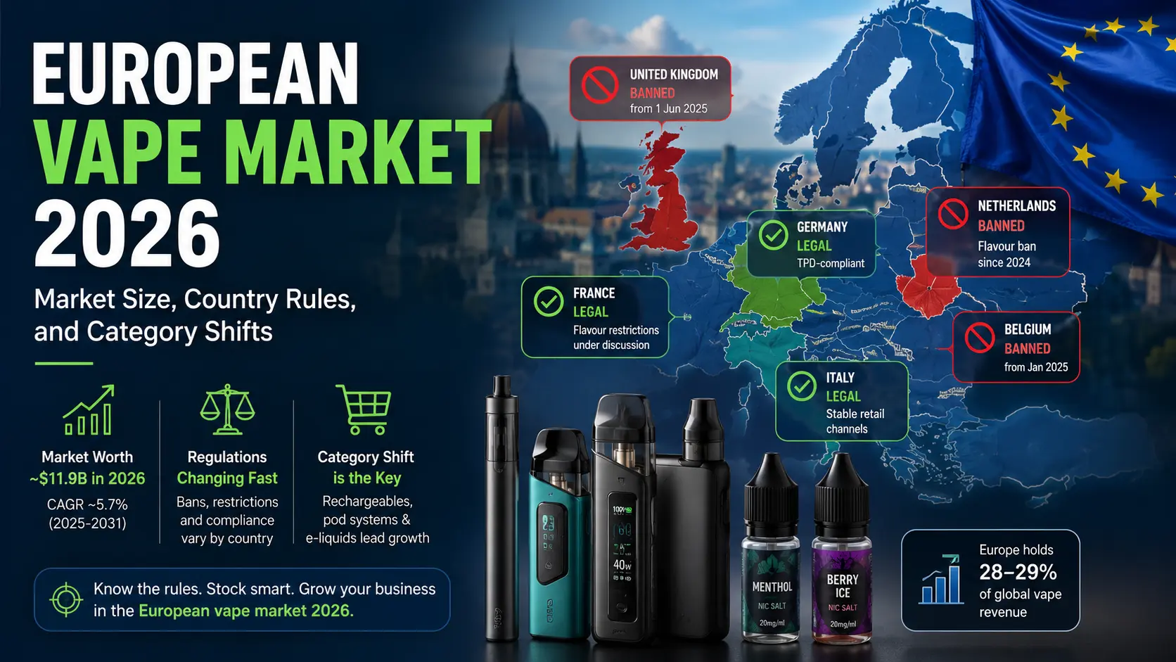 European vape market 2026 overview showing market size, country regulations and vape category trends