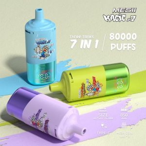 Mesii MAGIC X7 80K 80000 Puffs 7in1 Disposable Vape - packaging showing Blackberry Ice / Grape Ice / Cool Mint Ice flavor box for wholesale gallery.