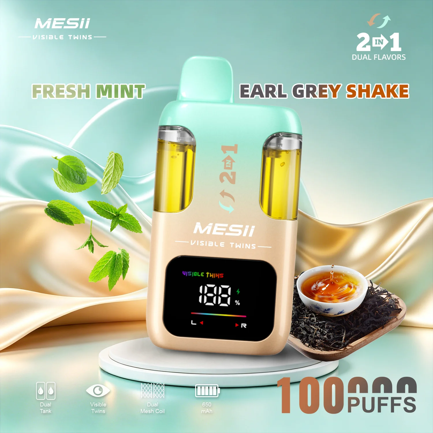 Mesii Visible Twins 100K 100000 Puffs 2in1 Disposable Vape flavor: Fresh Mint / Earl Grey - single flavor photo.