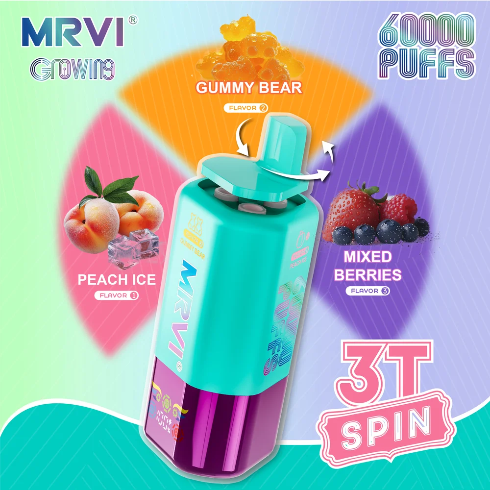 MRVI GROWING 60K 3in1 Disposable Vape 2 MRVI Growing 60K vape wholesale - MRVI GROWING 60K 3in1 Disposable Vape flavor: Mixed Berries / Gummy Bear / Peach Ice.