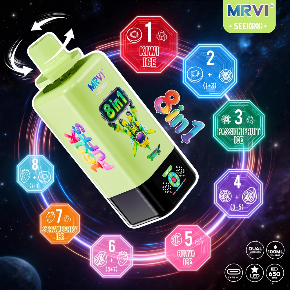 MRVI SEEKING 160K vape wholesale - MRVI SEEKING 160K 8in1 Disposable Vape flavor: Kiwi Ice / Kiwi Passion Fruit / Passion Fruit Ice / Passion Fruit Guava / Guava Ice / Guava Strawberry / Strawberry Ice / Strawberry Kiwi.