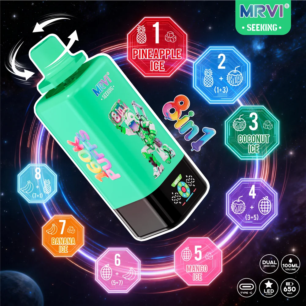 MRVI SEEKING 160K vape wholesale - MRVI SEEKING 160K 8in1 Disposable Vape flavor: Pineapple Ice / Pineapple Coconut / Coconut Ice / Coconut Mango / Mango Ice / Mango Banana / Banana Ice / Pineapple Banana.